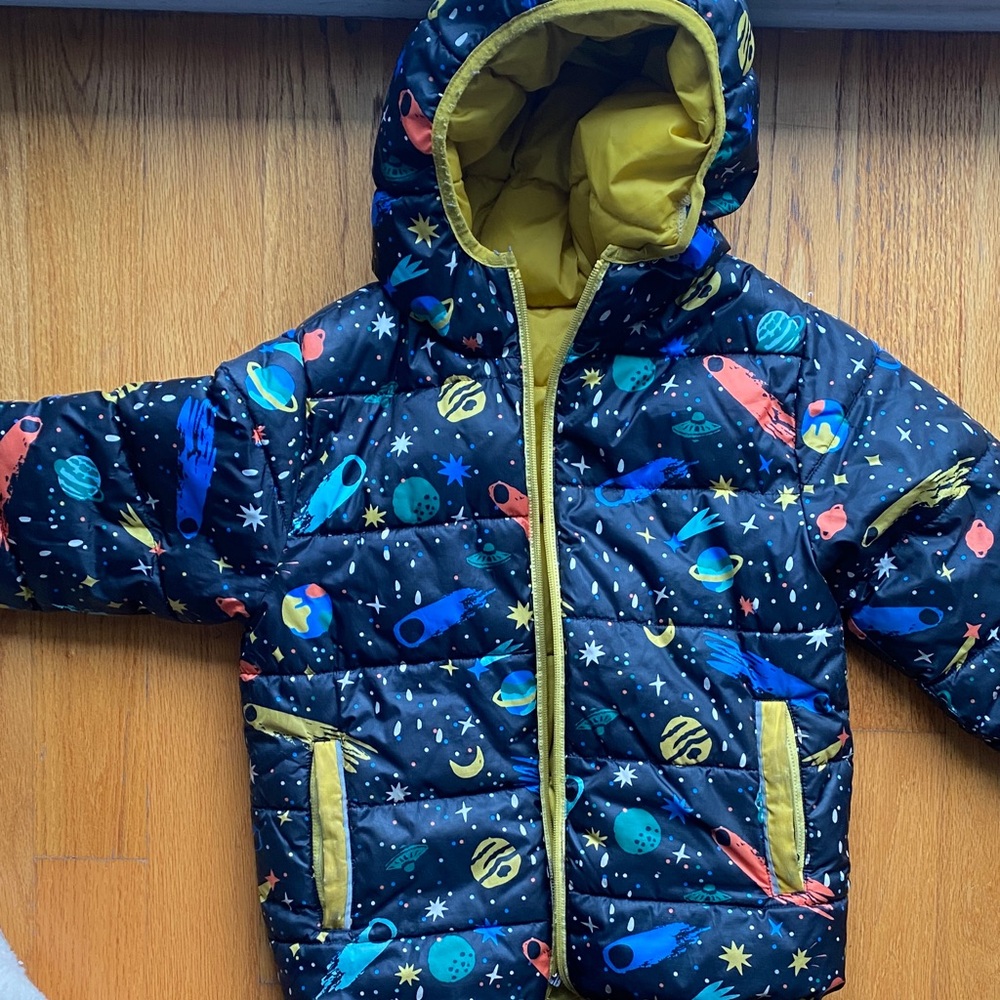 Mini Boden Colorful Space-Themed Reversible Puffer Jacket